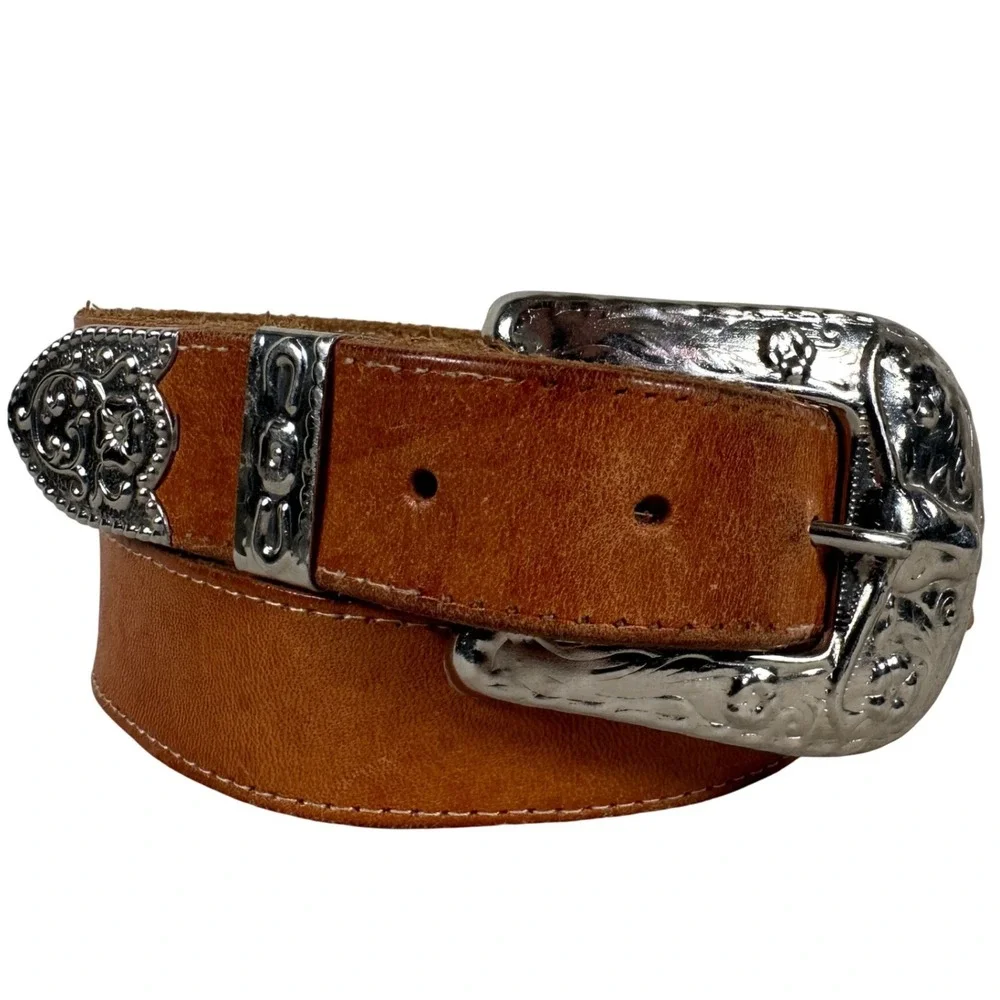 Western Genuine Leather‎ Belt Silver Concho Buckle Tan Brown Women's cowgirl